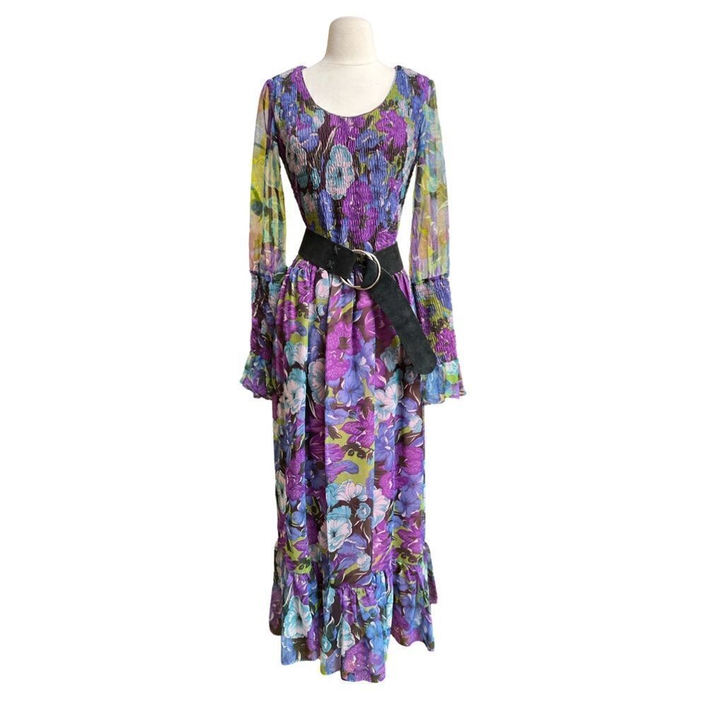 Dreamy 1960s 1970s Sheer Sleeve Smocked Flowy Flower Power Maxi Gown